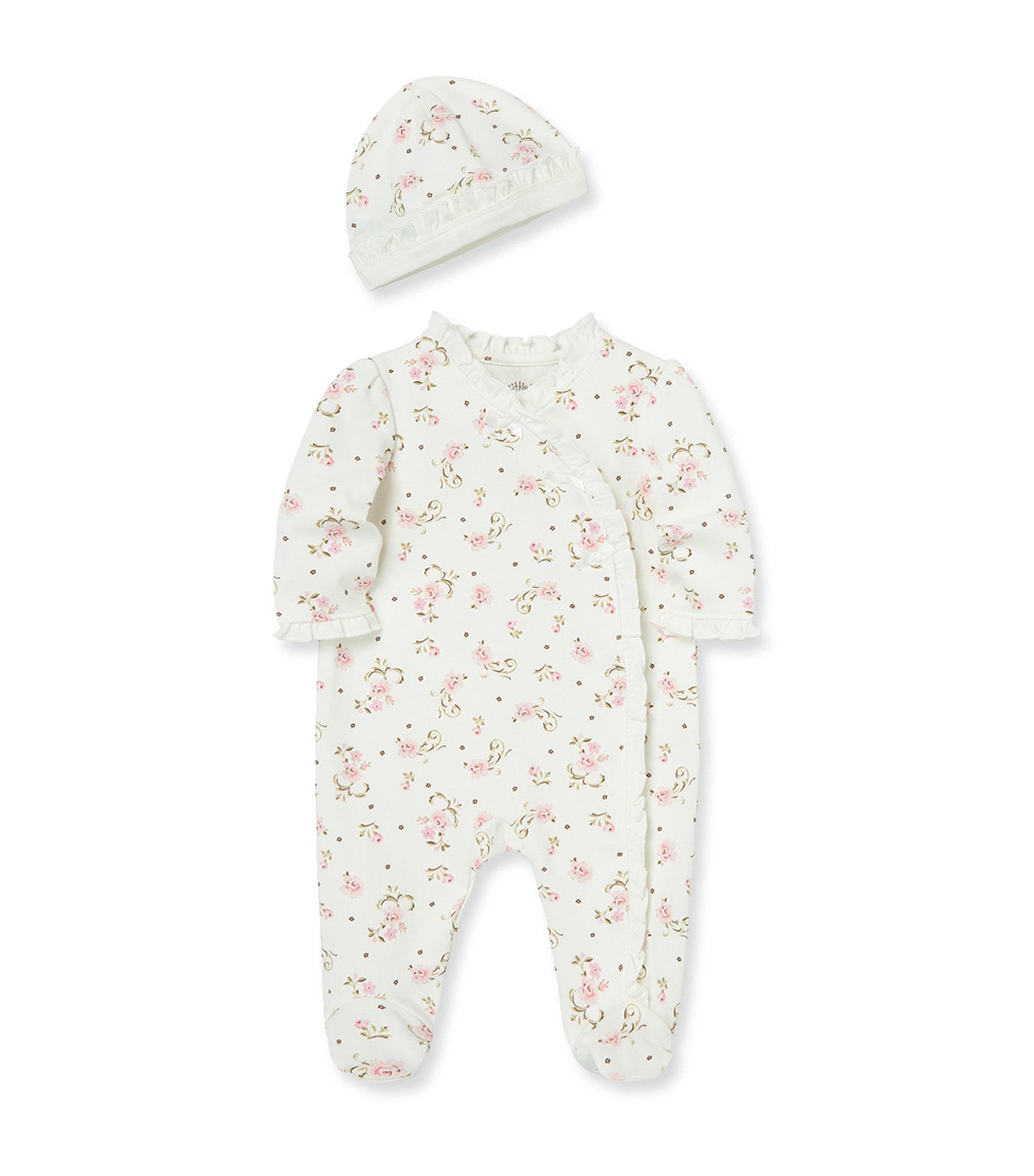 Vintage Rose Footie & Hat Ivory Print
