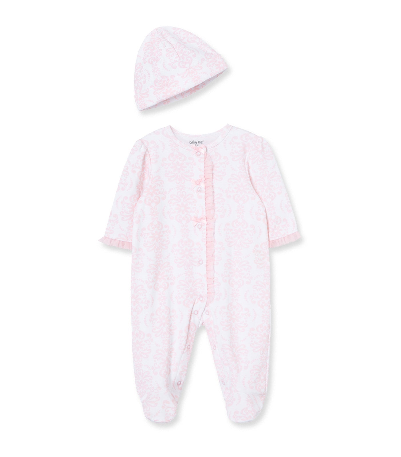 Damask Scroll Footie & Hat Pink Multi