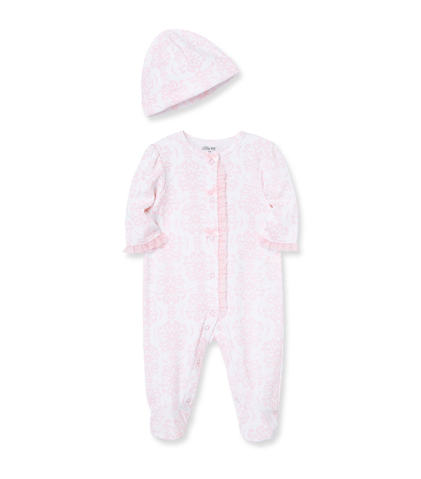 Damask Scroll Footie & Hat Pink Multi