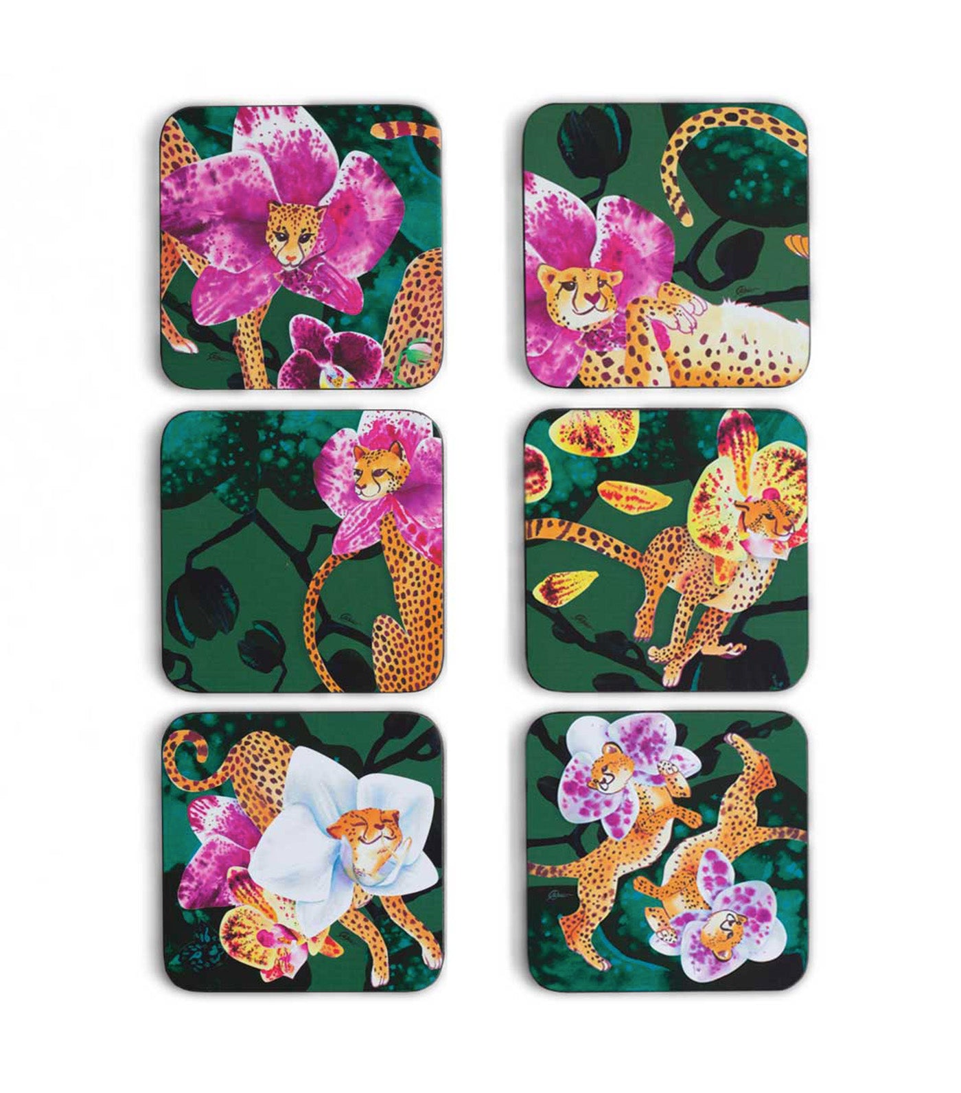 Cheetah Bloom Bloom Set Coasters, Set of 6, Green