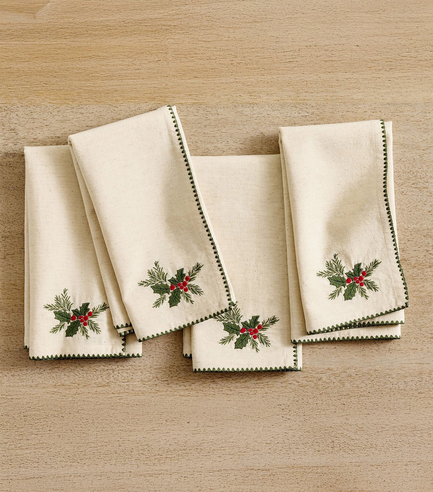 Holly Embroidered Cotton/Linen Napkins Set of 4