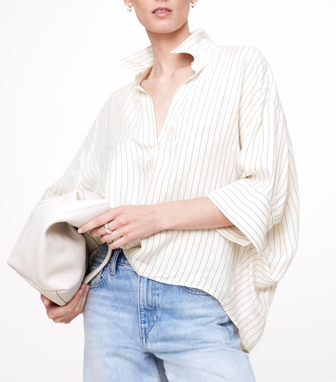 The Oversized Twill Popover Top White Stripe