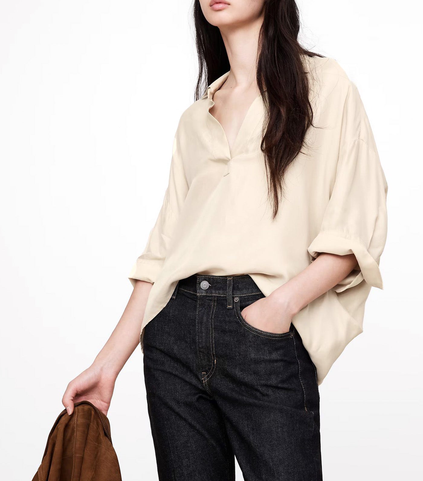 The Oversized Twill Popover Top Stone Gray