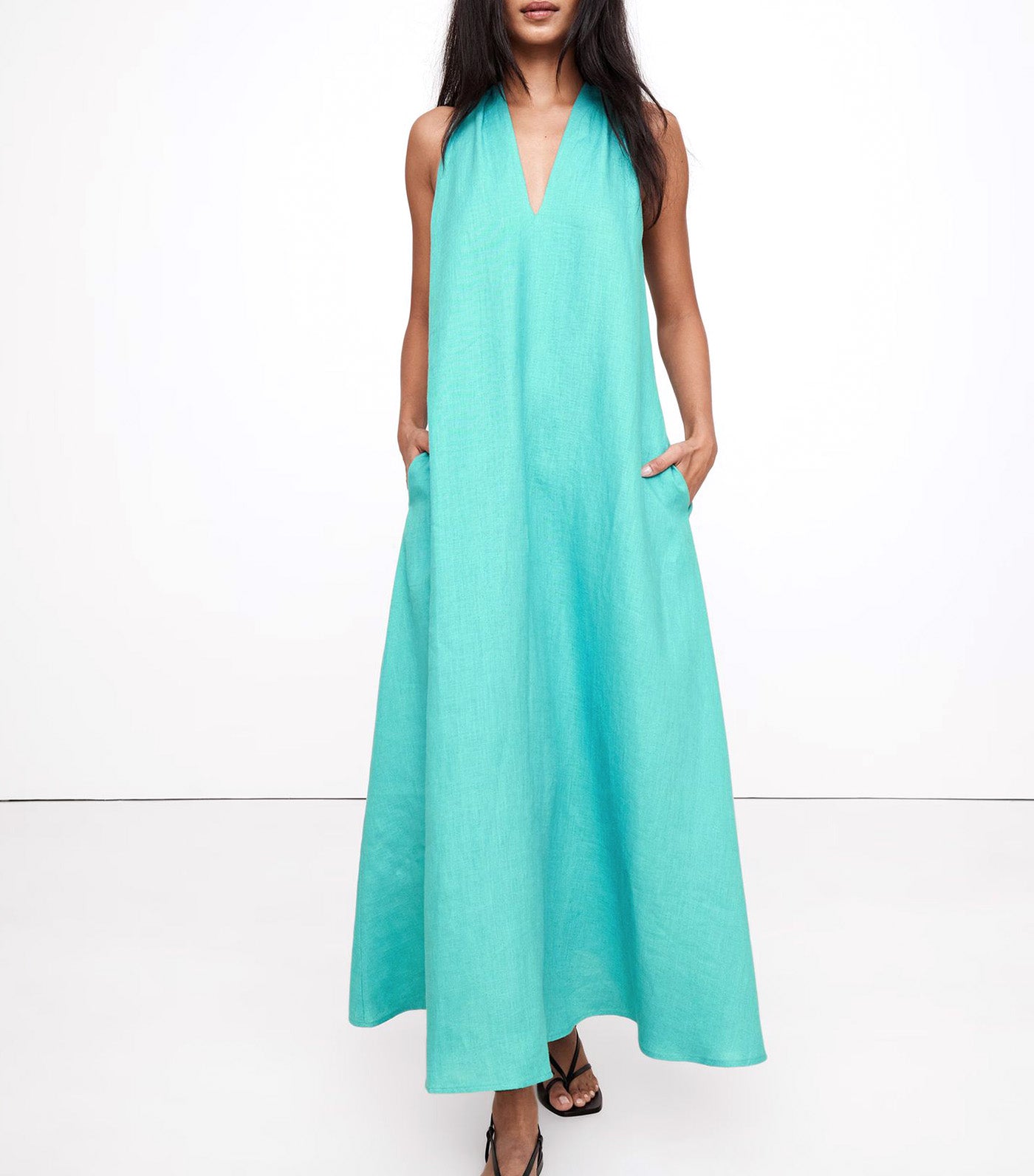 Pauline Linen Midi Dress Aqua Blue