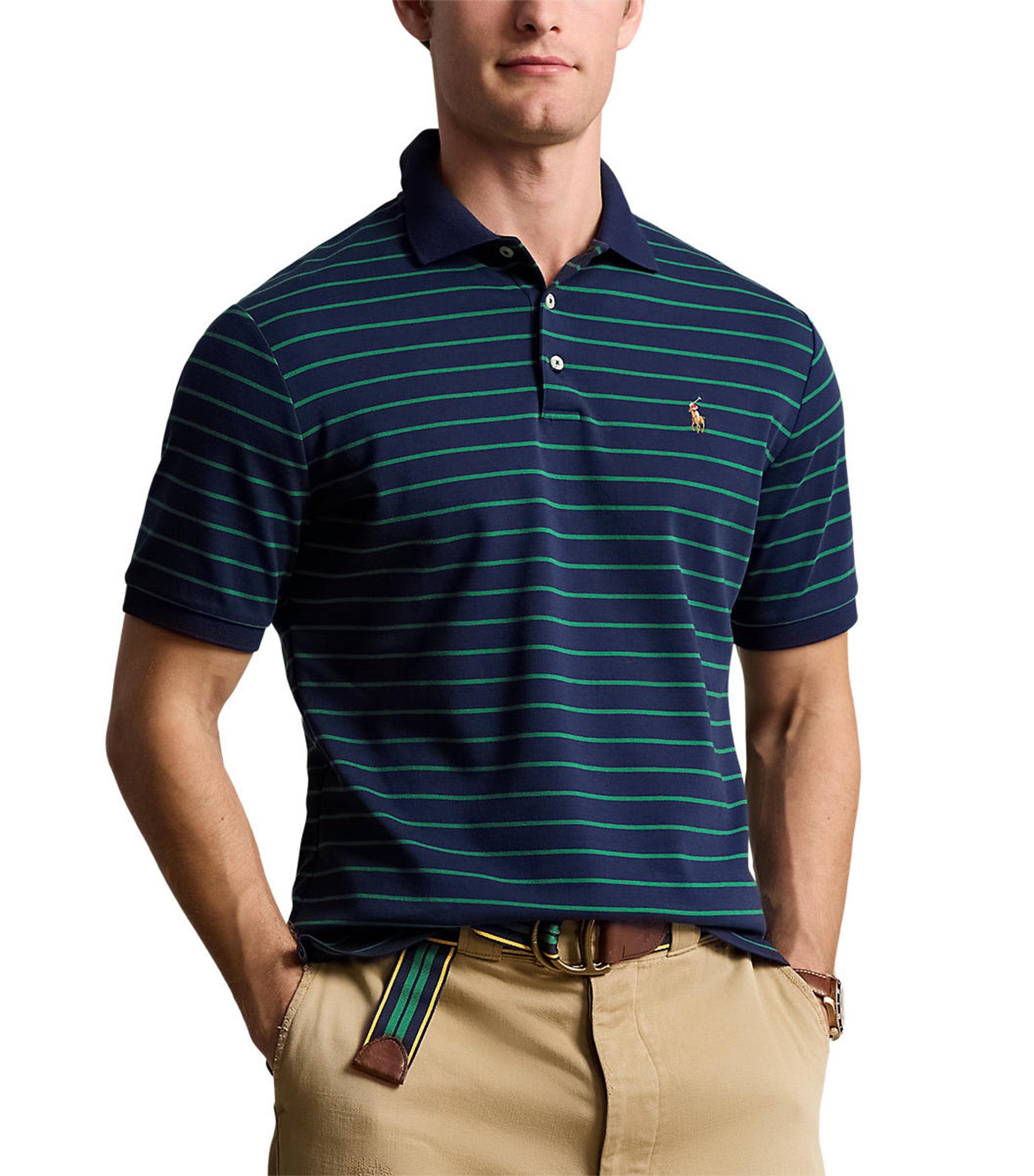 Men's Classic Fit Soft Cotton Polo Shirt Athletic Green/Refined Navy