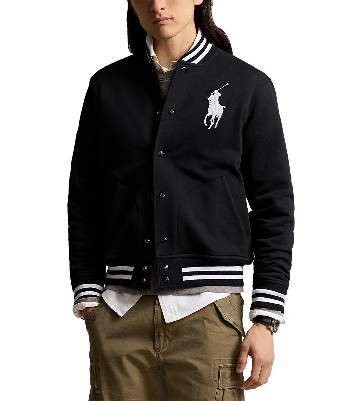 Men's Big Pony Fleece Baseball Jacket Polo Black