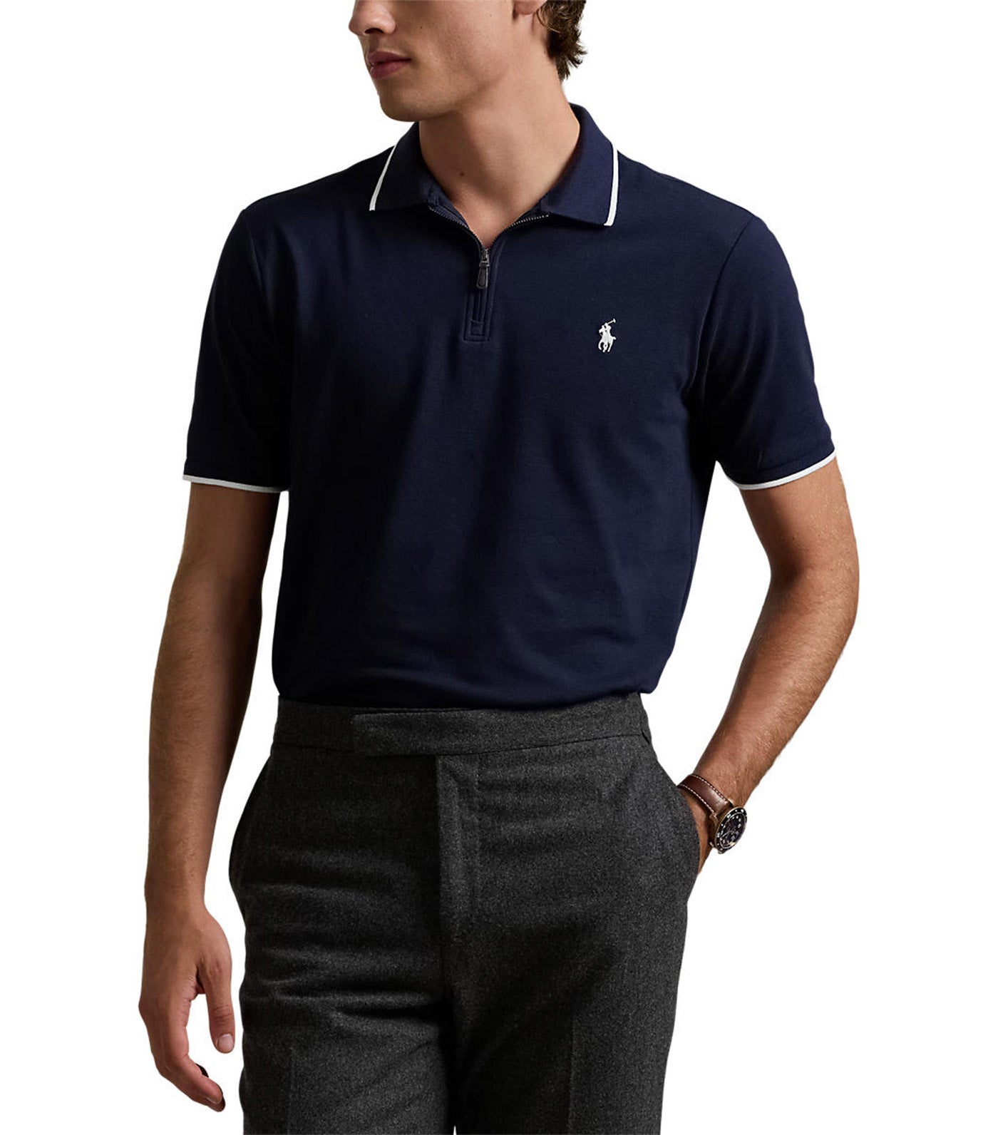 Men's Classic Fit Stretch Mesh Zip Polo Shirt Refined Navy