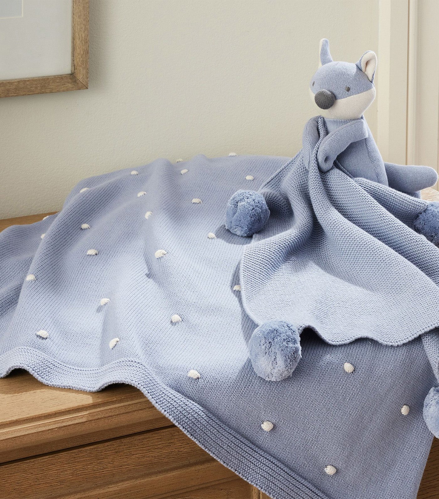 Cotton Sweater Knit Baby Blanket & Fox Thumbie Blue