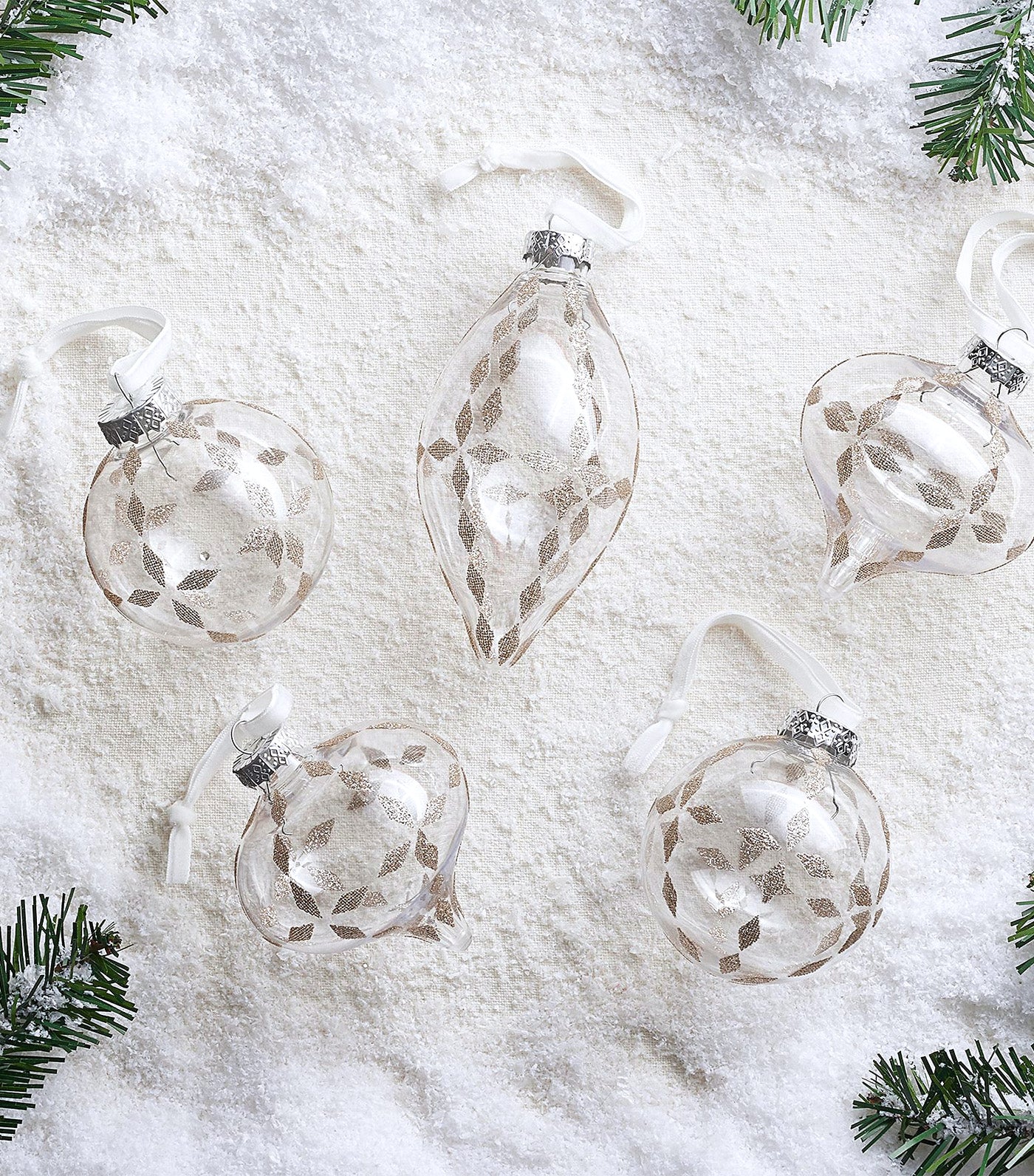 Shatterproof Harlequin Glitter Ornaments, Set of 5 Clear