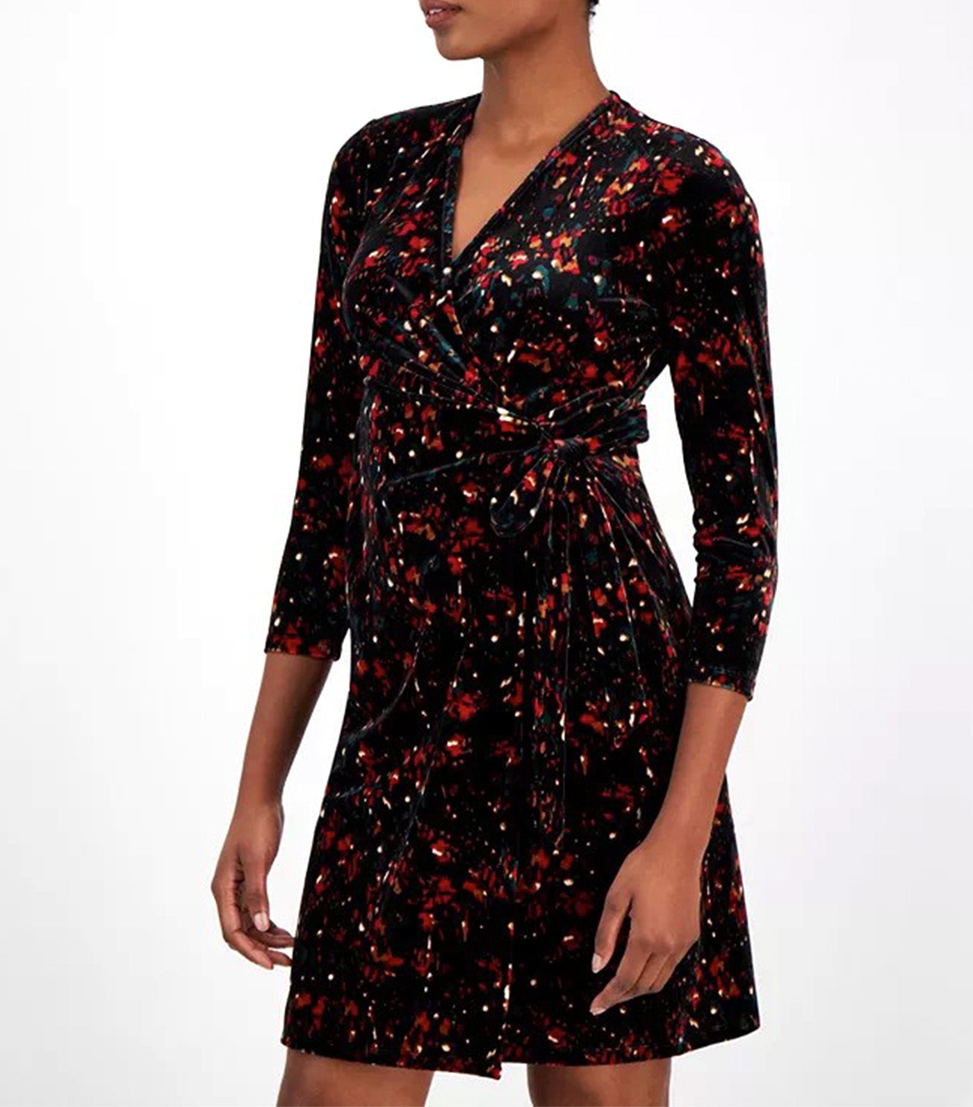 Women's Printed Faux-Wrap 3/4 Sleeve Dress Anne Black Multi