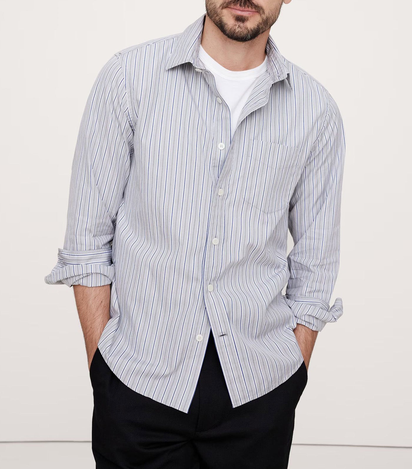 Washed Cotton Poplin Shirt Gray Stripe