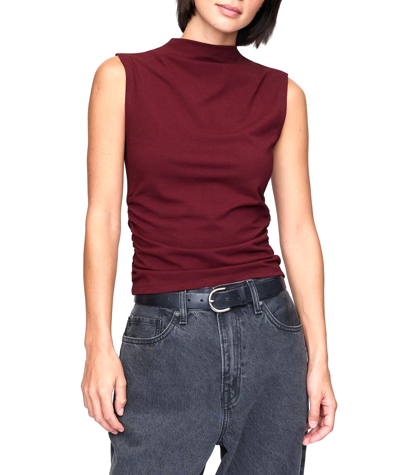 Modern Funnel-Neck Ruched Tank Top Red Delicious