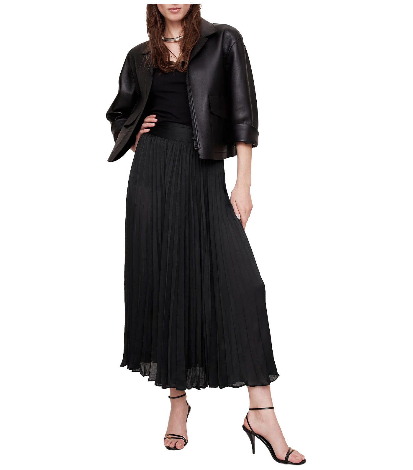 Crinkle Satin Pleated Midi Skirt Black