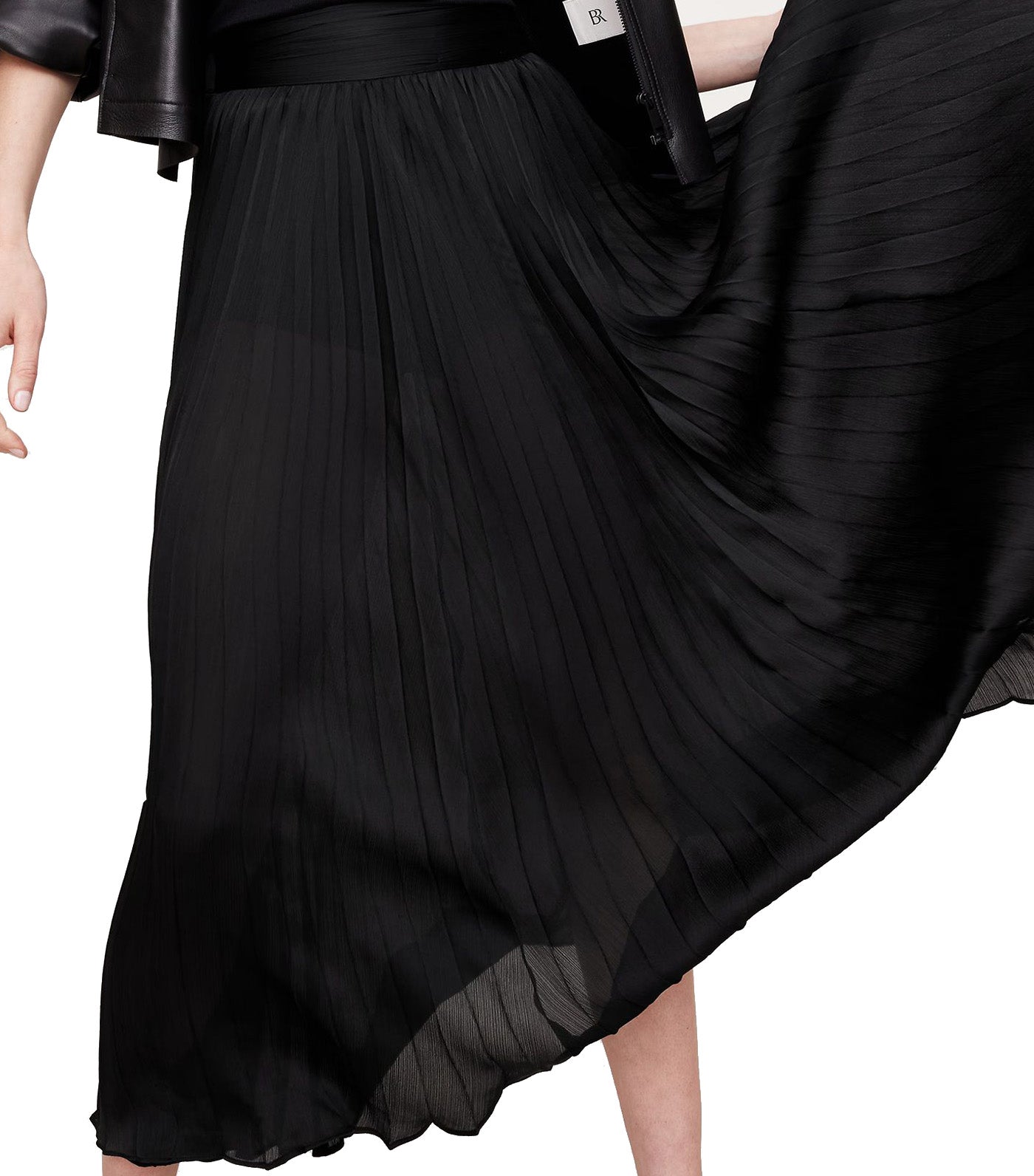 Crinkle Satin Pleated Midi Skirt Black