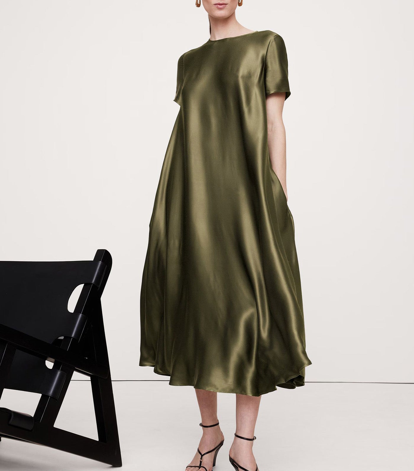 Aurelia Italian Satin Trapeze Dress Spiced Olive Green