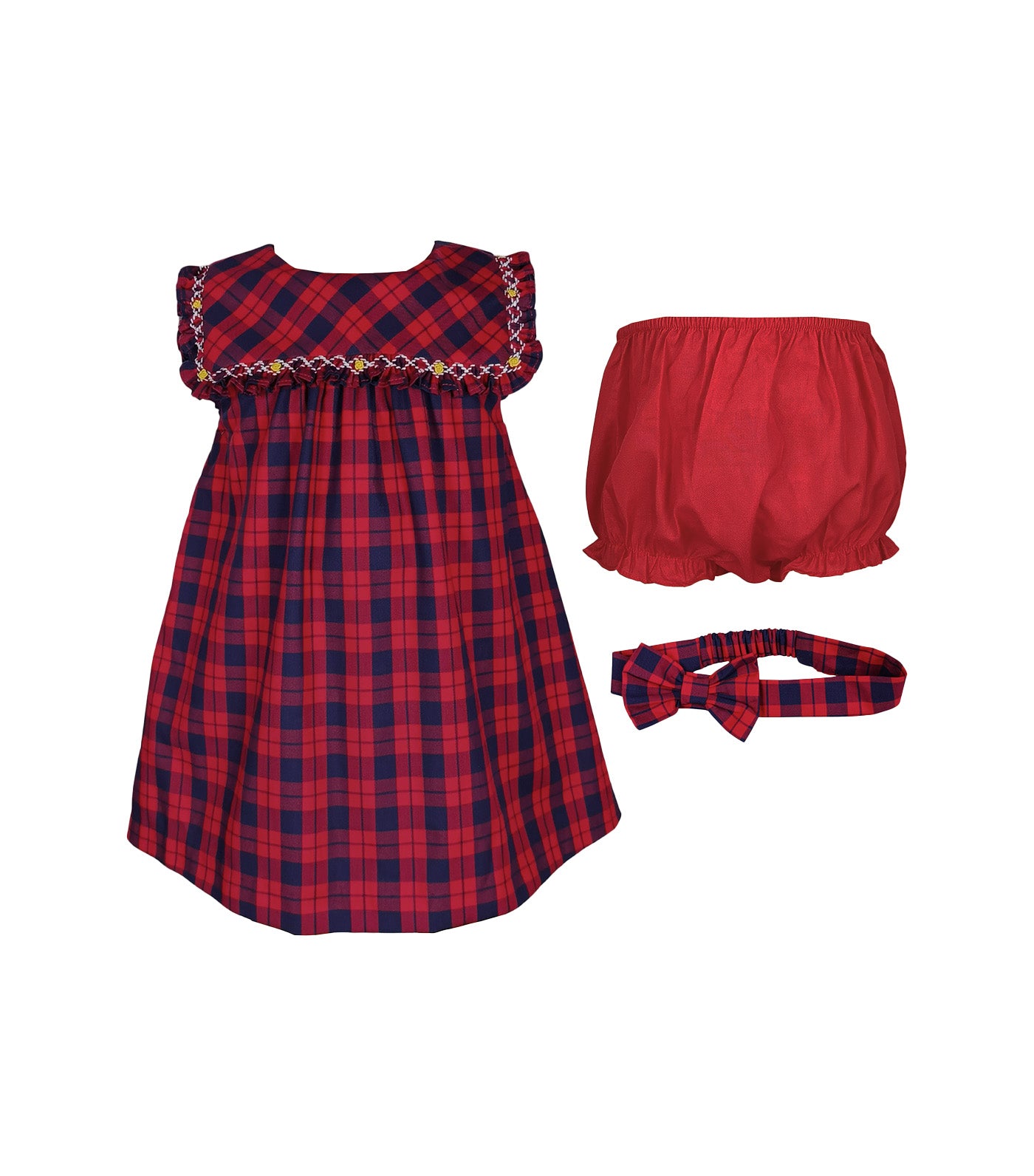 Olive Baby Girls Red Plaid Smocked Dress with Diaper Cover and Headband