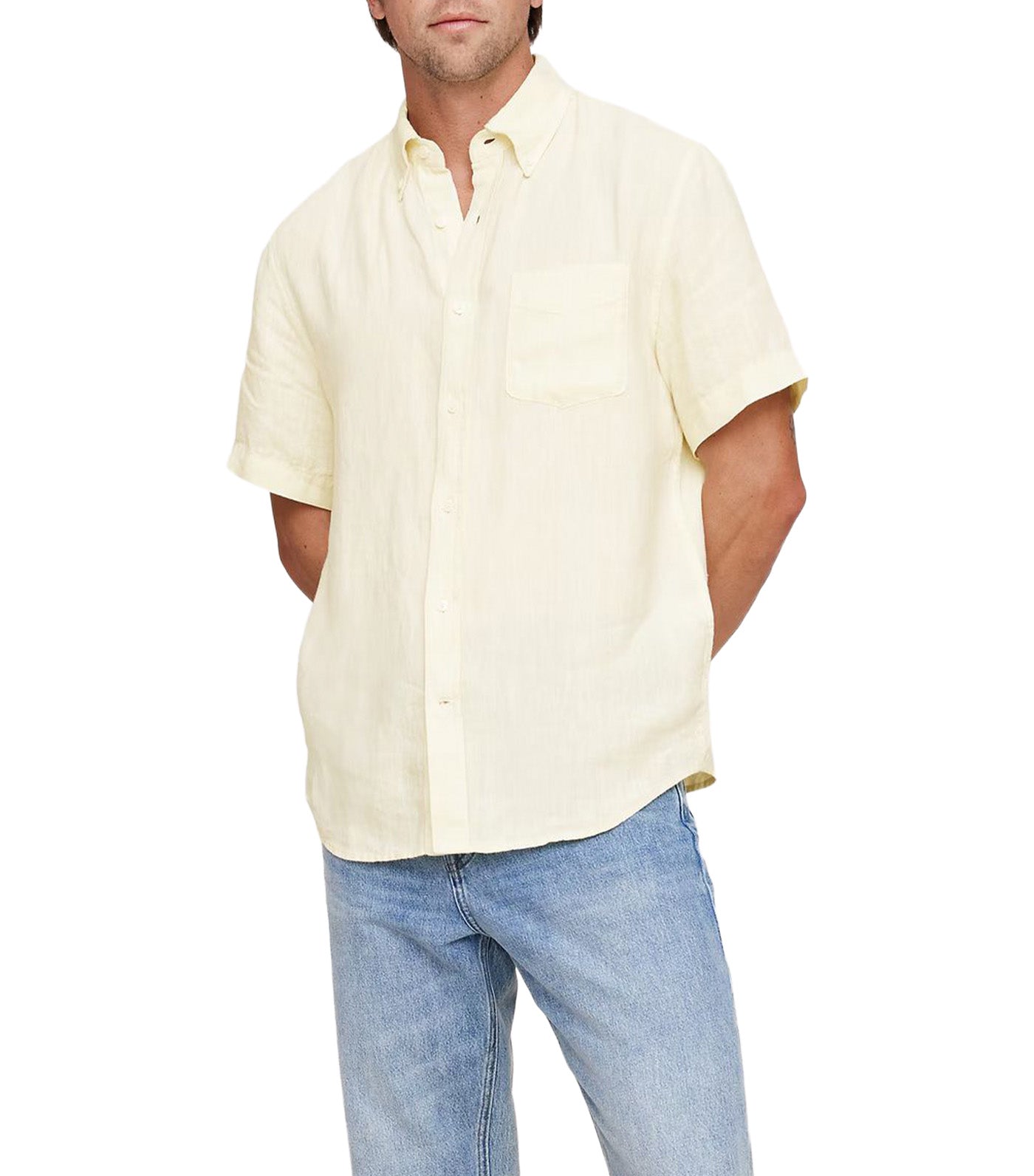 Standard-Fit Linen Short-Sleeve Shirt Yellow