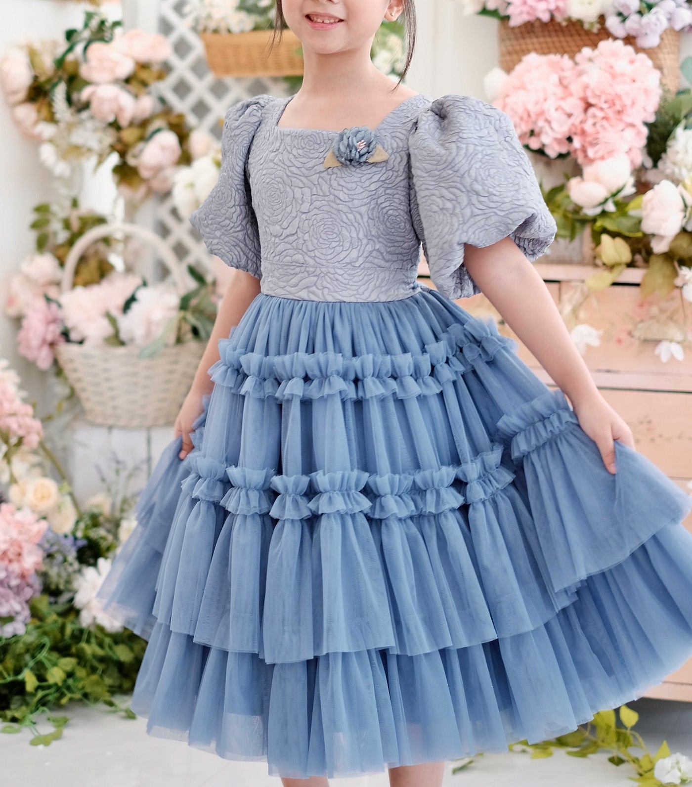 Pascalle Jacquard Midi Dress with Brooch Dusty Blue