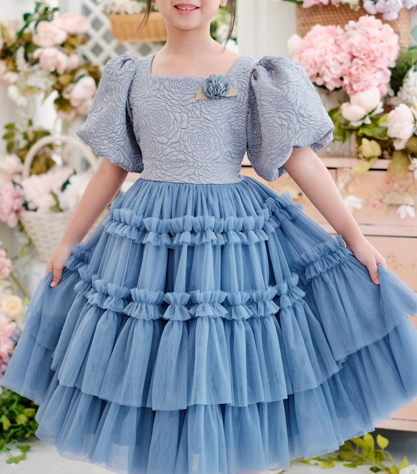 Pascalle Jacquard Midi Dress with Brooch Dusty Blue