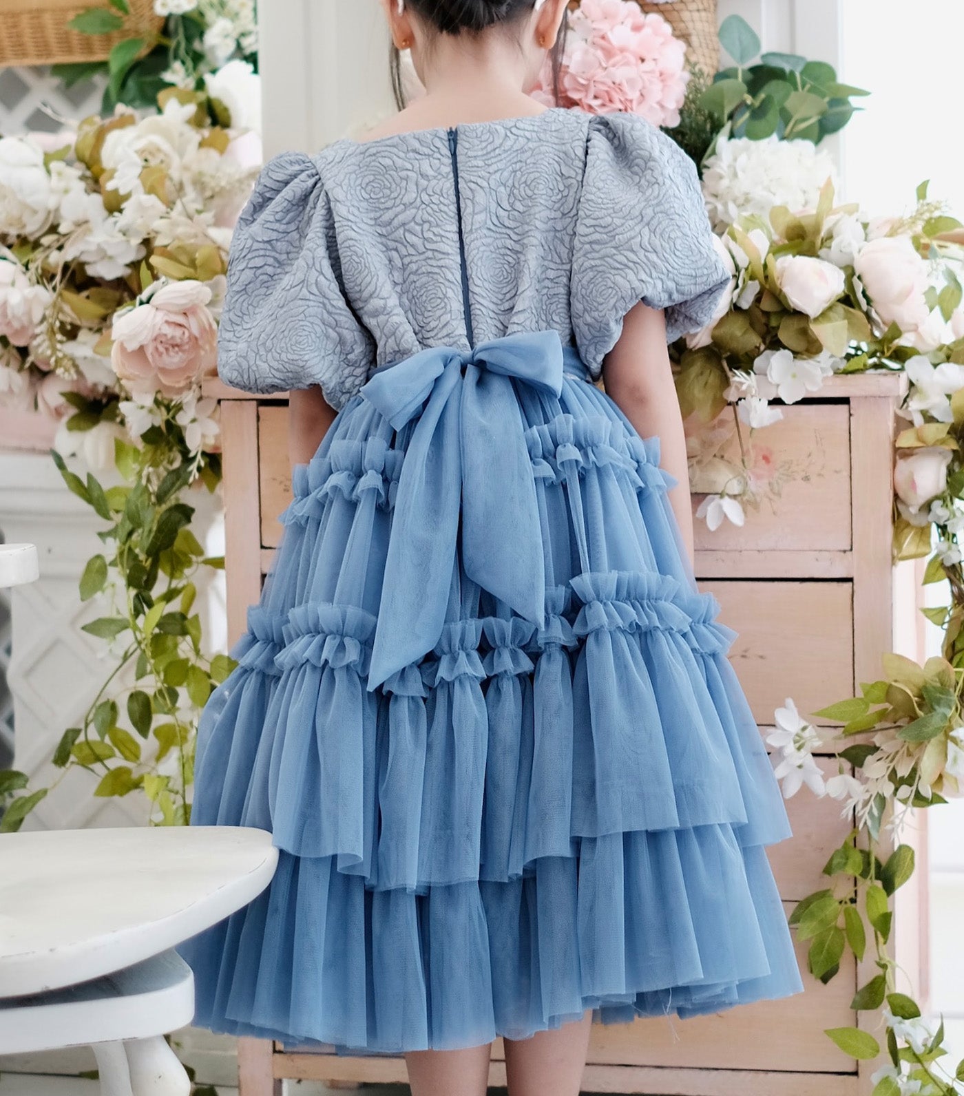 Pascalle Jacquard Midi Dress with Brooch Dusty Blue
