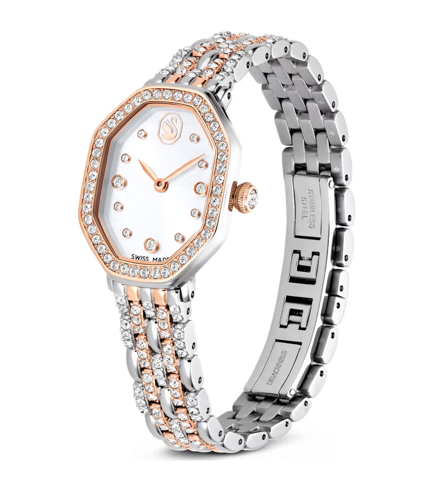Dextera Octagon Watch Swiss Made, Metal Bracelet, Rose Gold-Tone Finish Silver