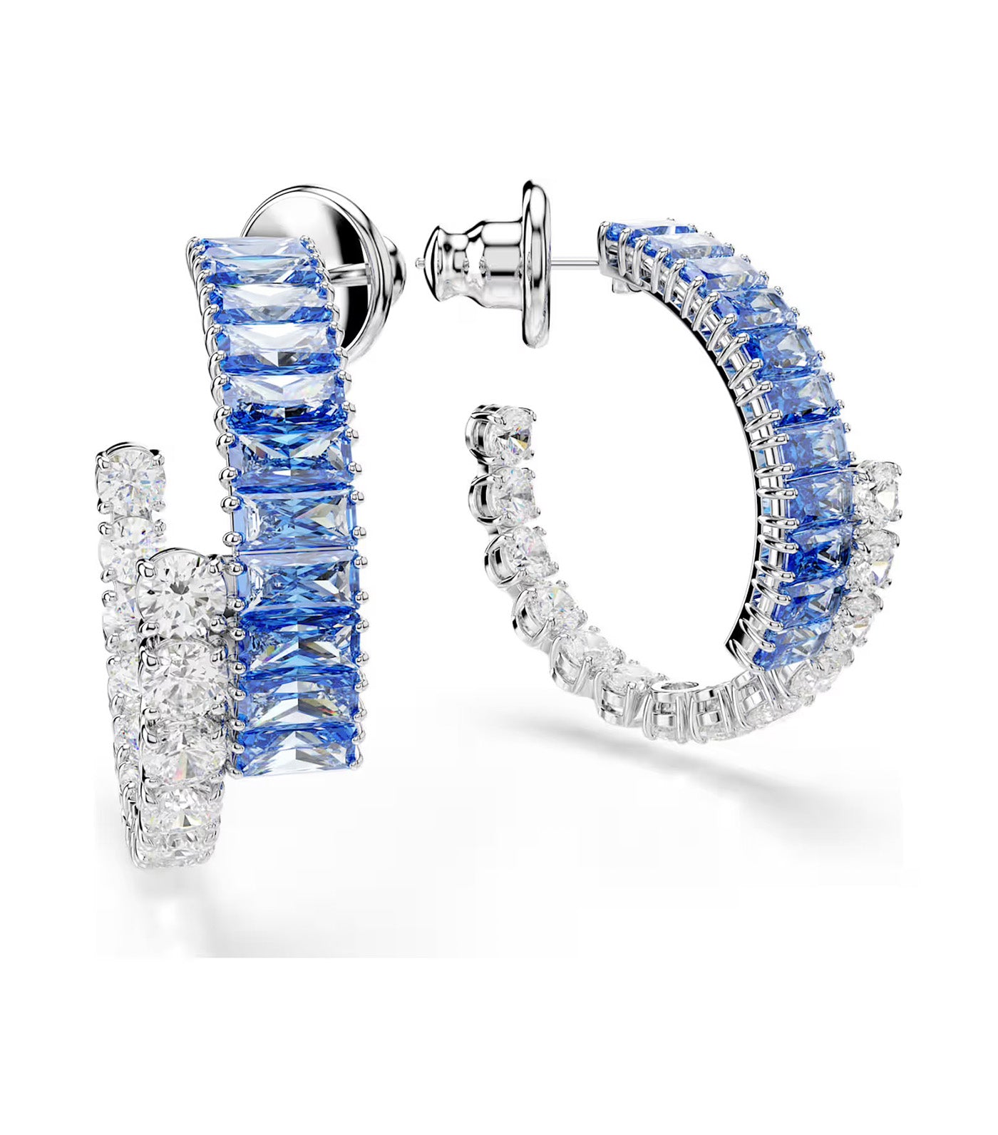 Matrix Hoop Earrings Mixed Cuts, Rhodium Plated, Blue