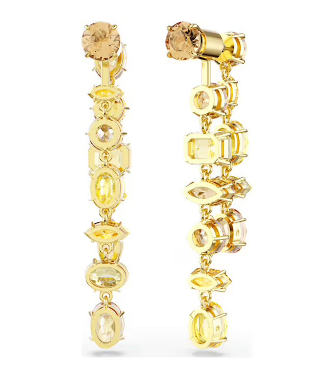 Gema Drop Earrings Asymmetrical Design, Mixed Cuts, Long, Yellow, Gold-Tone Plated
