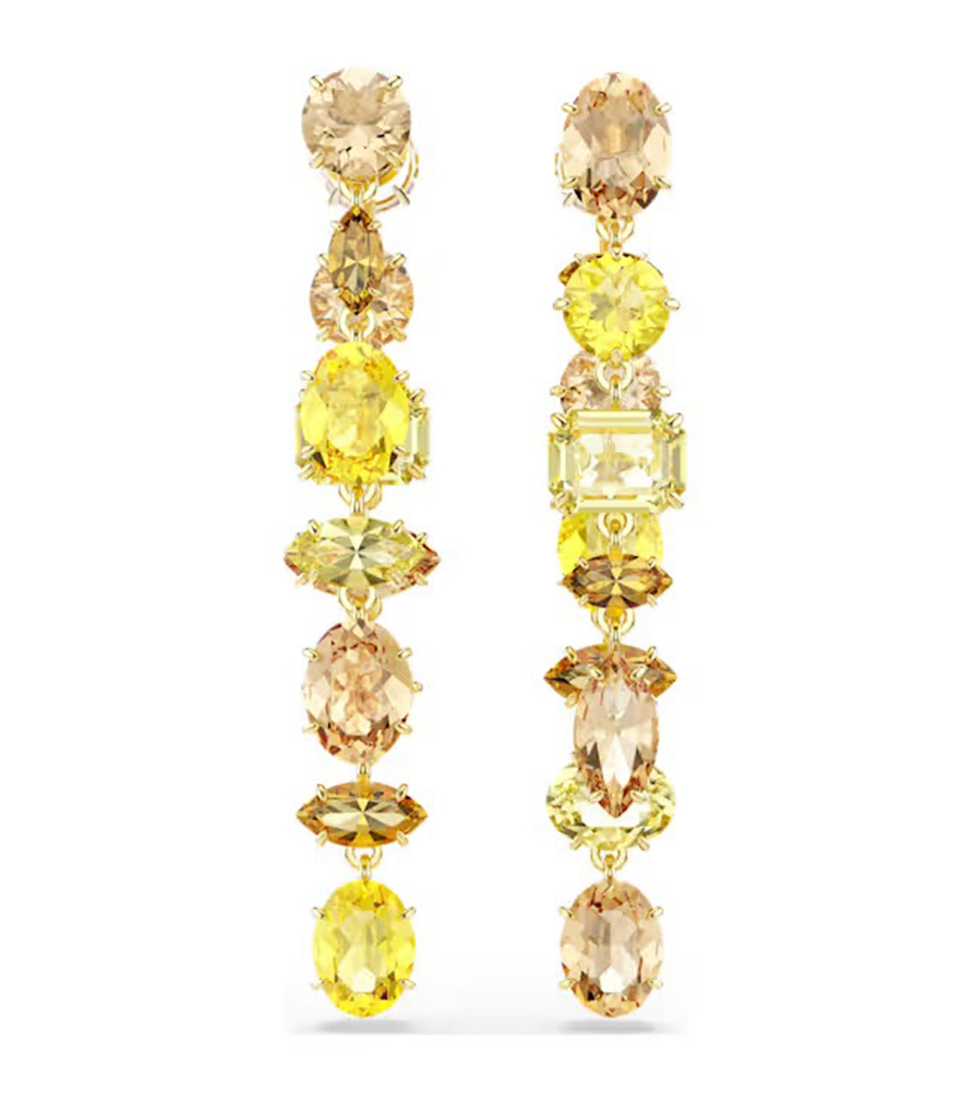 Gema Drop Earrings Asymmetrical Design, Mixed Cuts, Long, Yellow, Gold-Tone Plated