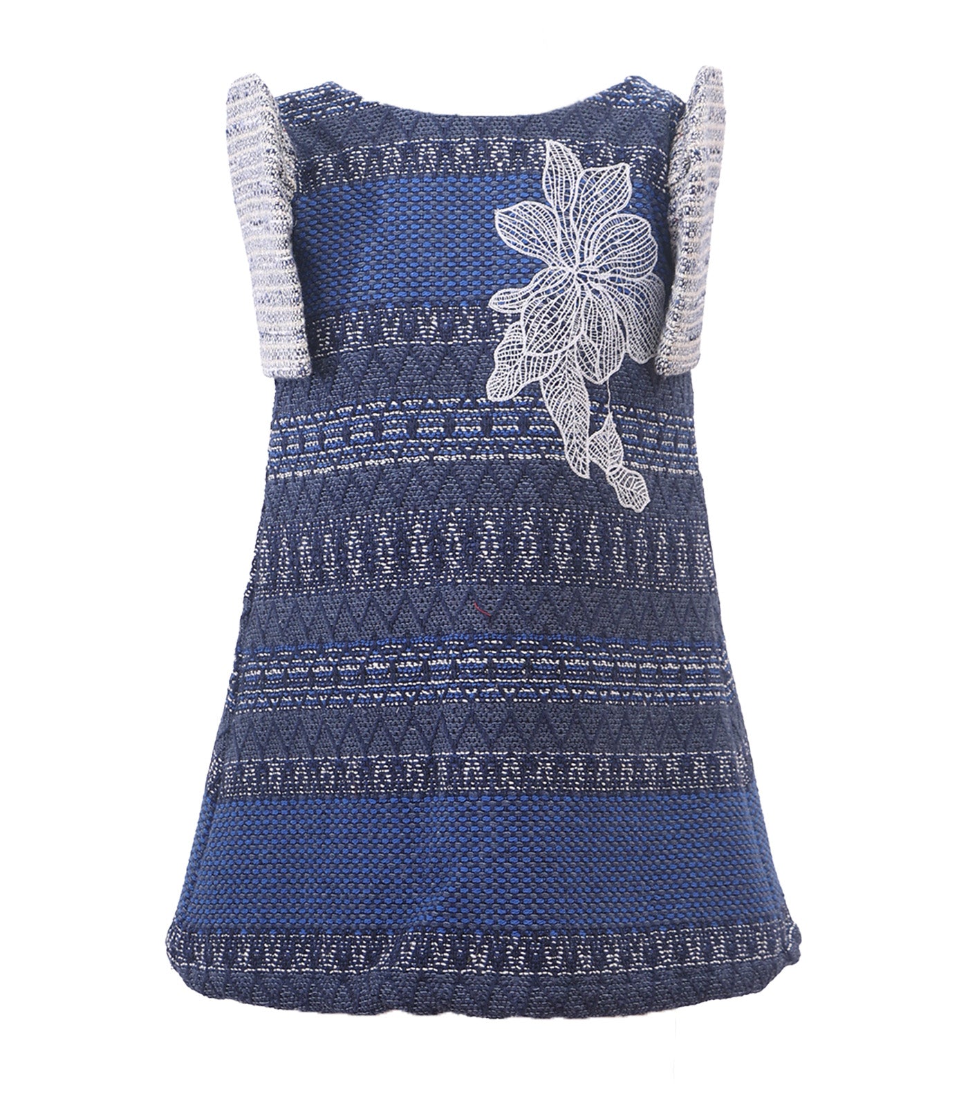 Striped Tweed Filipiñana Dress with Detachable Sleeves and Applique Detail Blue