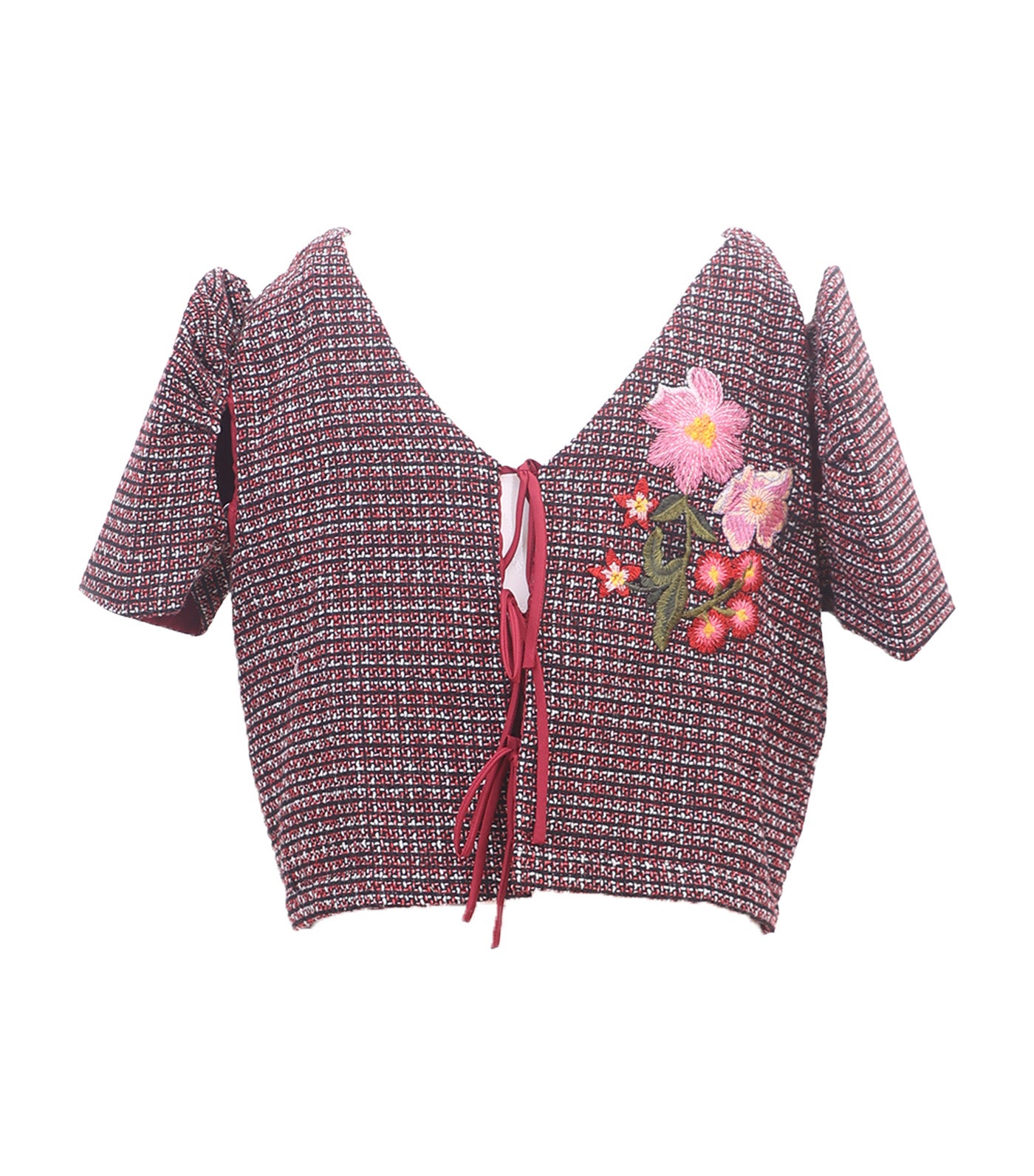 Plaid Filipiñana Adult Top with Dettachable Sleeves and Floral Applique Maroon