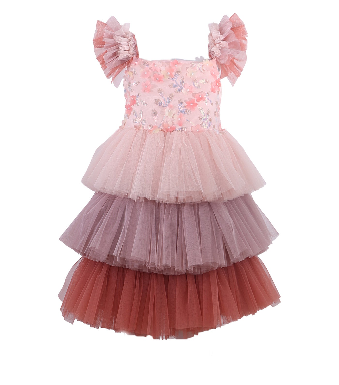 3 Layer Ruffle Gown with Floral Applique Peach