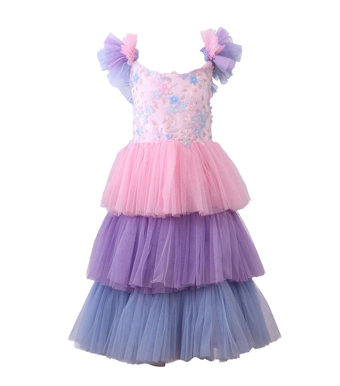 3 Layer Ruffle Gown with Floral Applique Pink