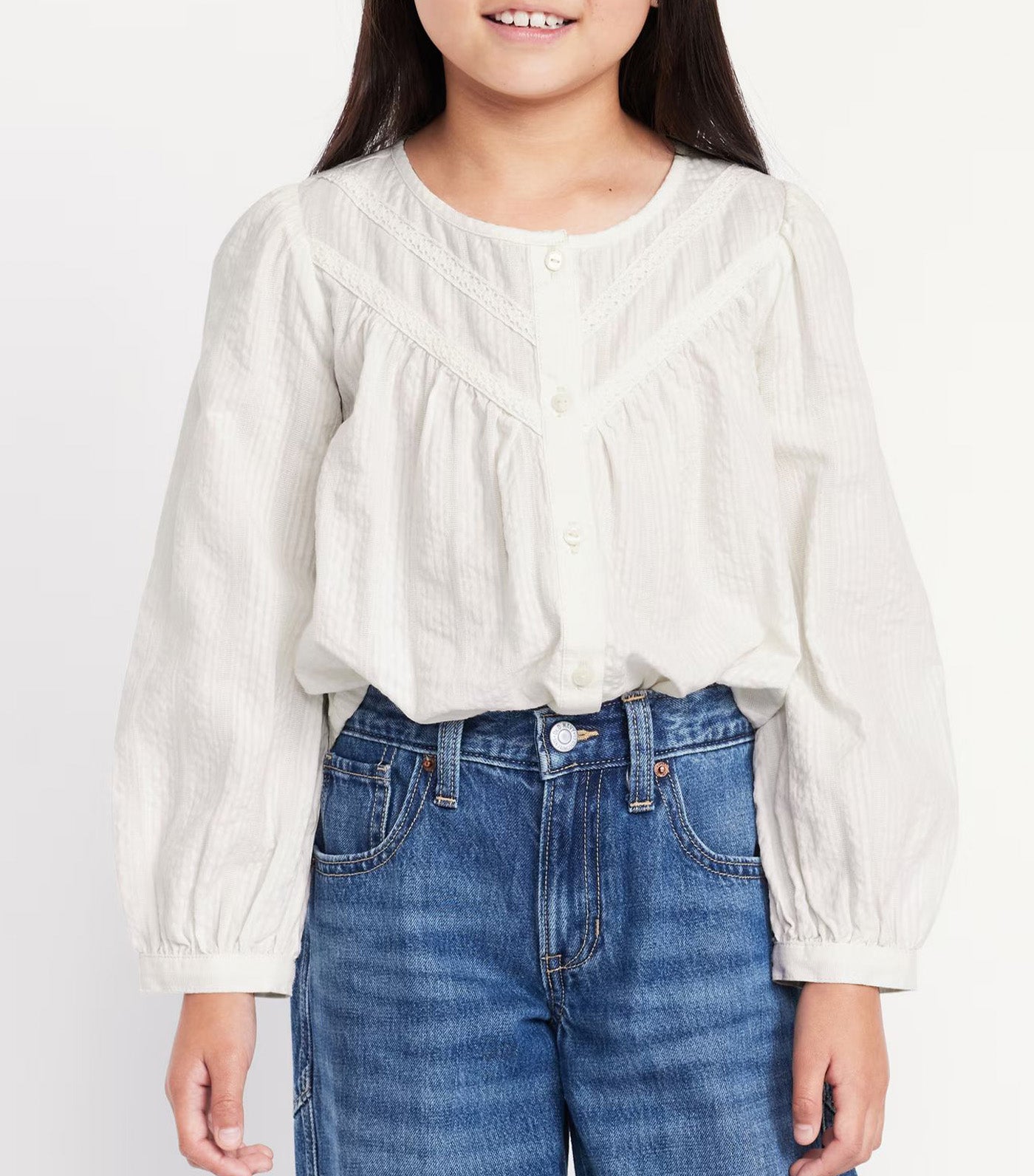 Old Navy Kids Long-Sleeve Lace Trim Button-Front Top for Girls Sea Salt