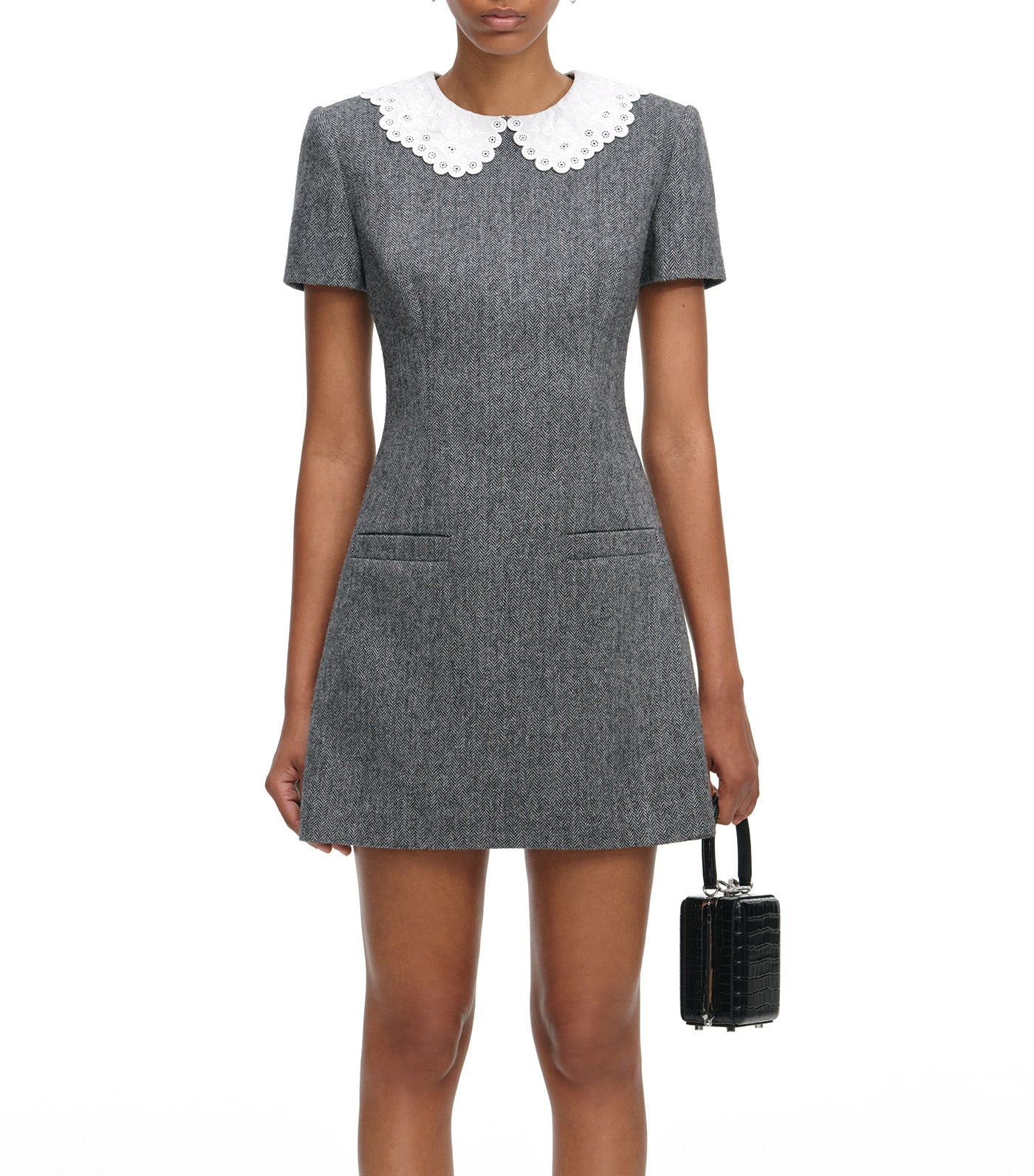 Self-Portrait Herringbone Collared Mini Dress Gray
