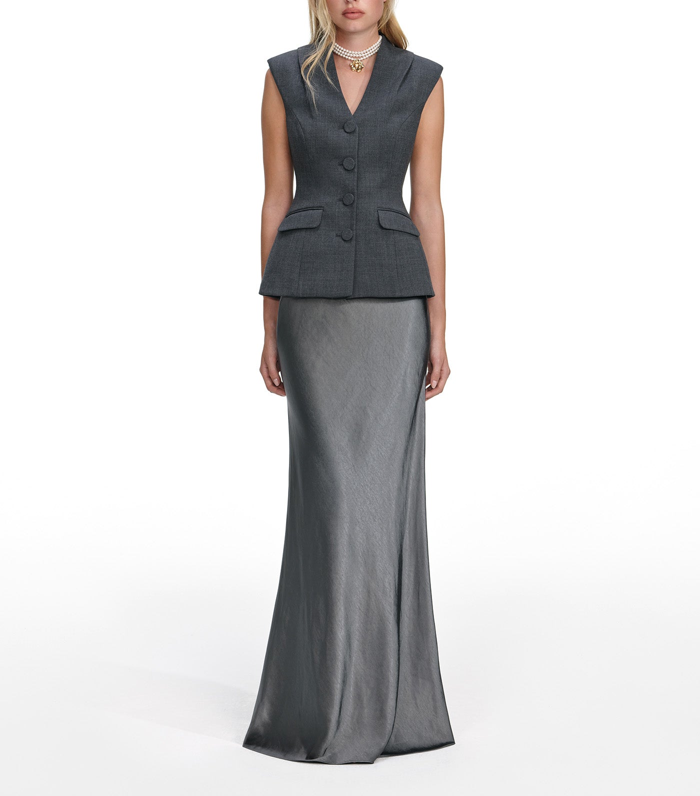 Self-Portrait Tailored Satin Maxi Dress Gray
