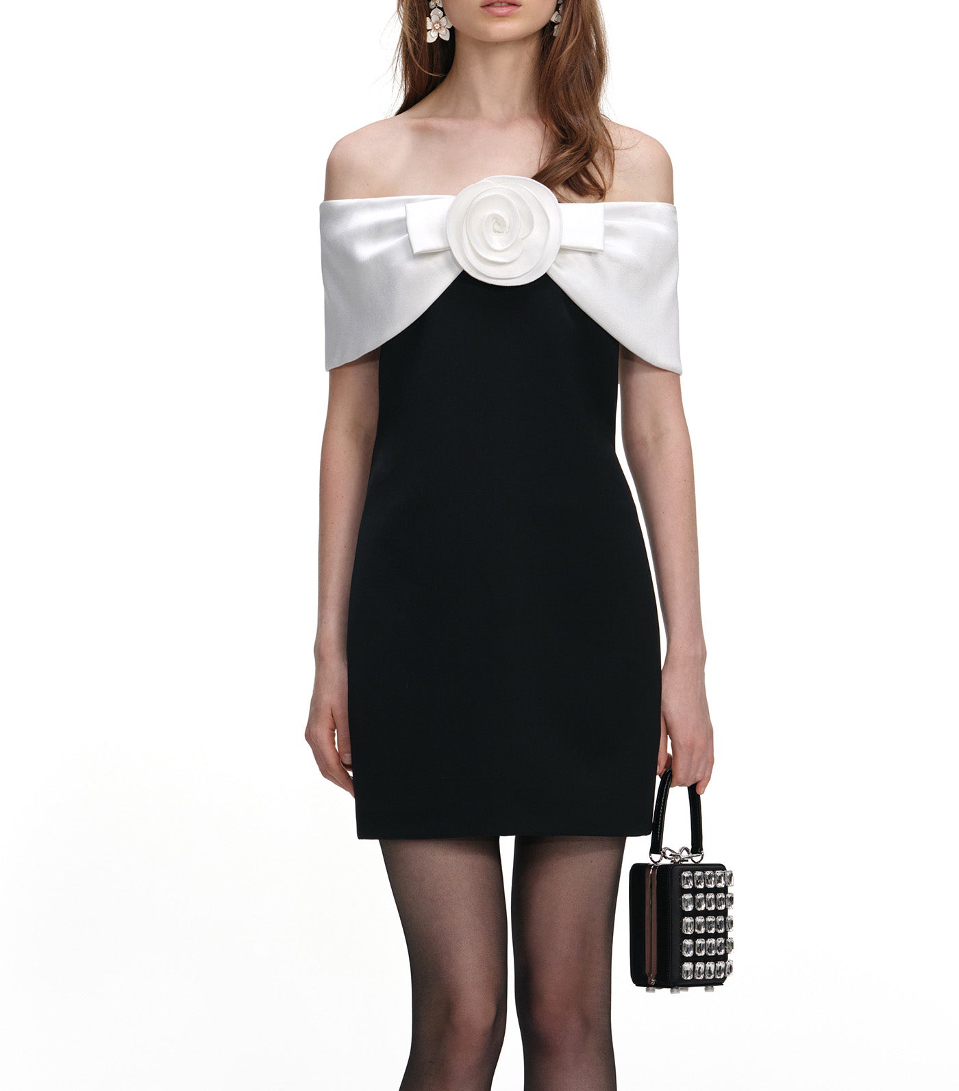 Self-Portrait Crepe Flower Mini Dress Black