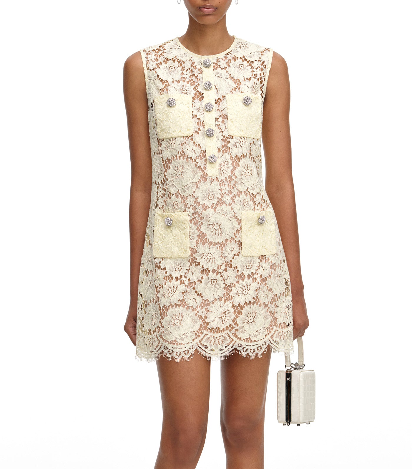 Self-Portrait Fine Lace Mini Dress Yellow