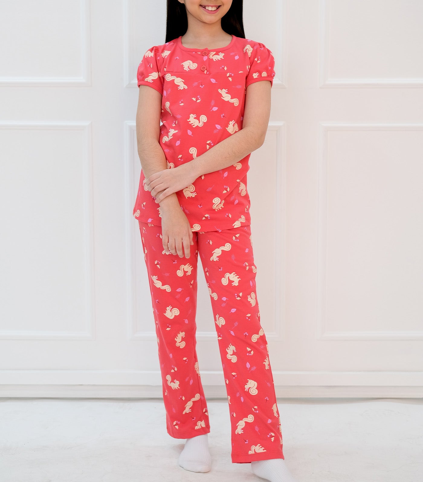 Squirrel Sleepwear Short Sleeves with Pants Red