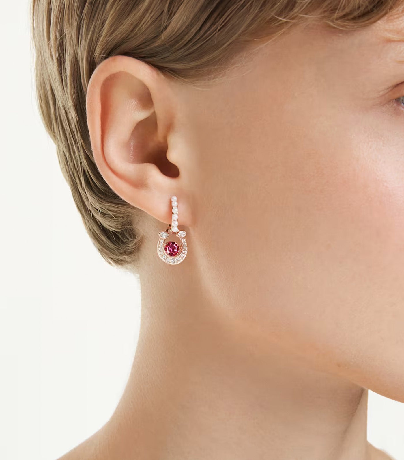 Symbolica Drop Earrings Crystal Pearl, Round Cut, Pavé, Horse Shoe, Rose Gold-Tone Plated, Red