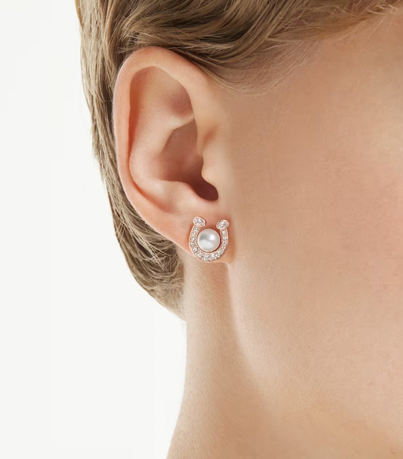 Symbolica Stud Earrings Crystal Pearl, Pavé, Horse Shoe, Rose Gold-Tone Plated, White
