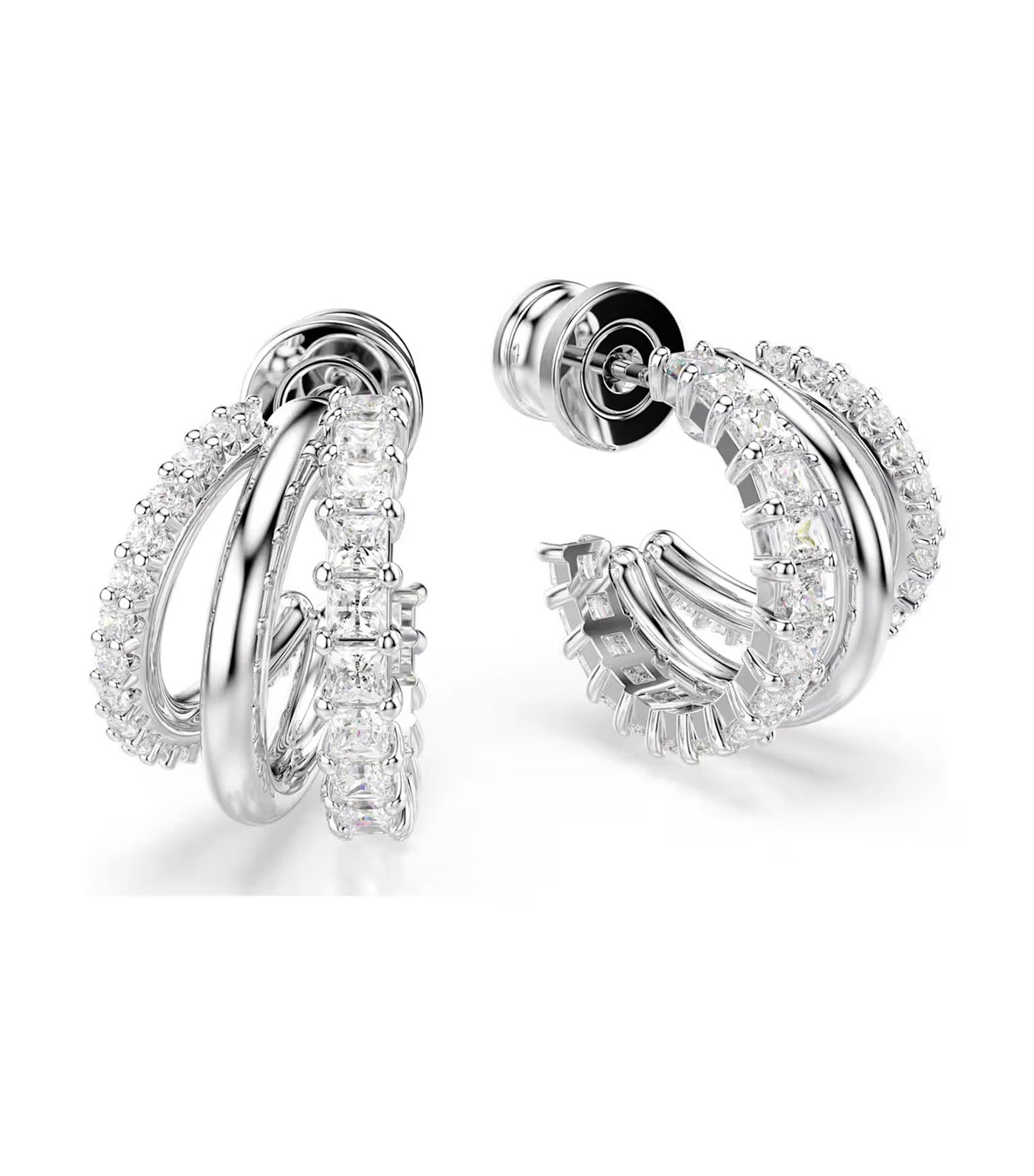 Hyperbola Hoop Earrings Round Cut, Mini, Rhodium Plated, White
