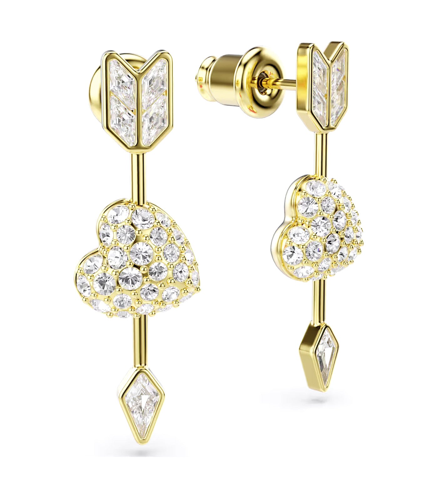 Idyllia Drop Earrings Mixed Cuts, Heart with Arrow, White, Gold-Tone Plated