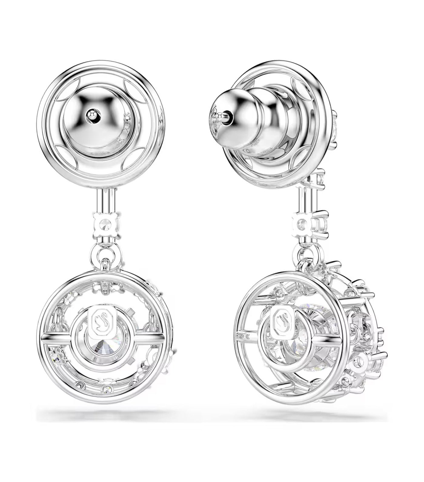 Constella Drop Earrings Round Cut, Dancing Stone, Rhodium Plated, White