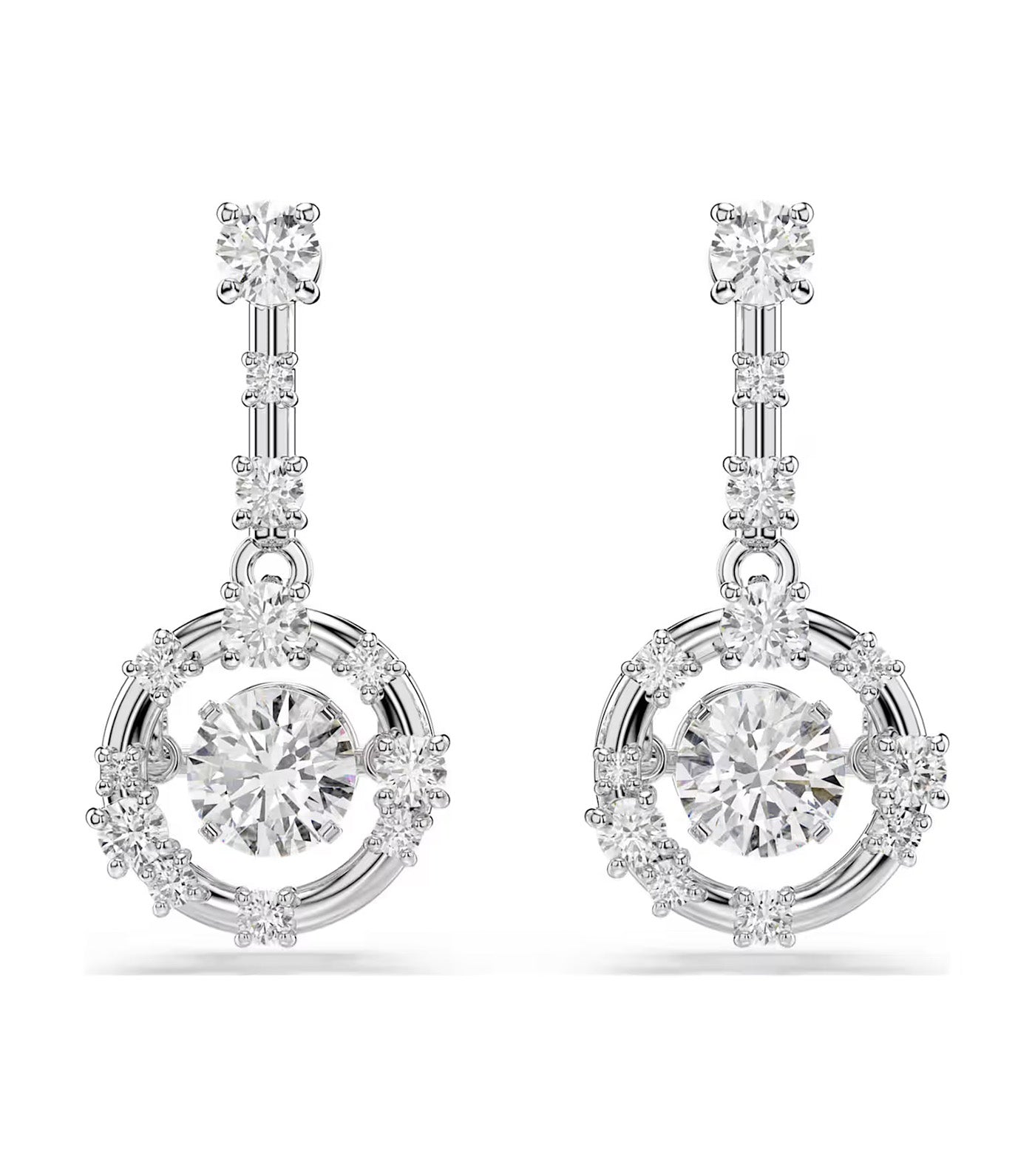 Constella Drop Earrings Round Cut, Dancing Stone, Rhodium Plated, White