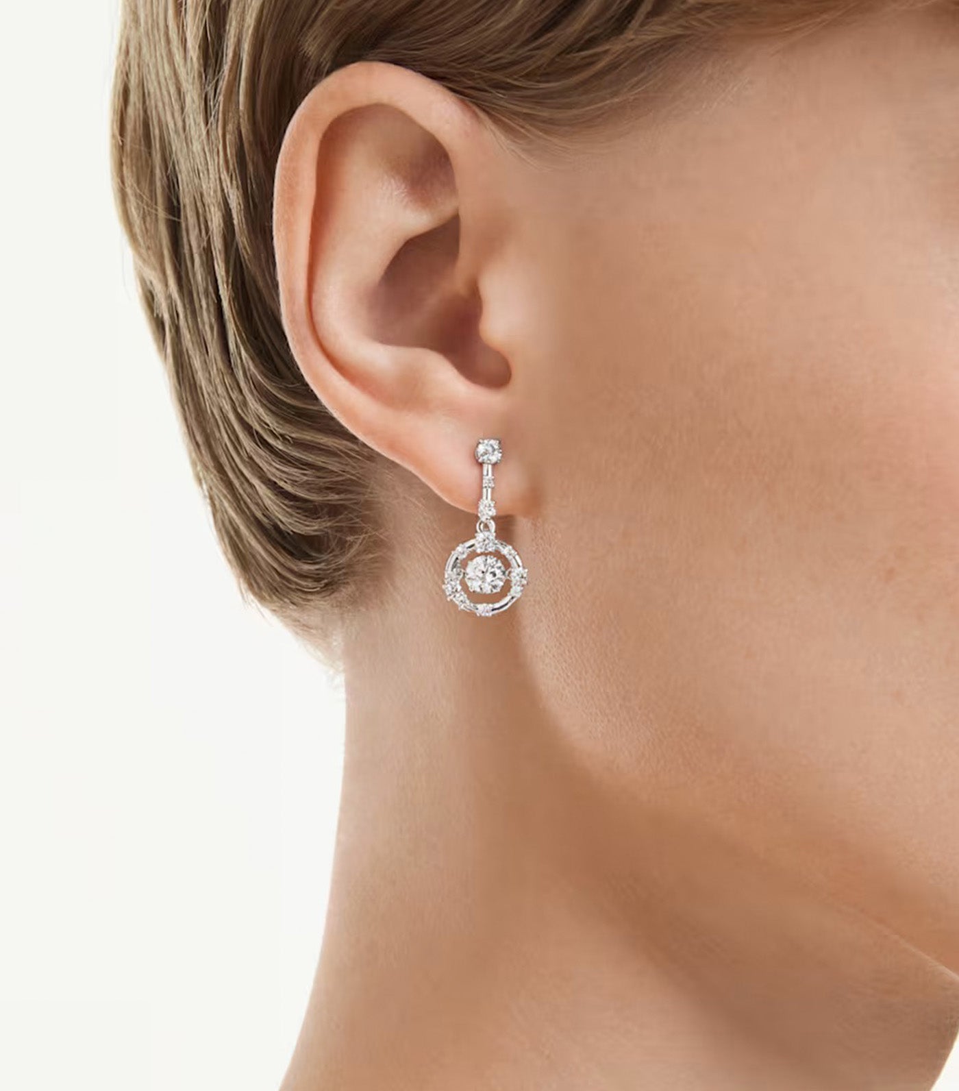 Constella Drop Earrings Round Cut, Dancing Stone, Rhodium Plated, White