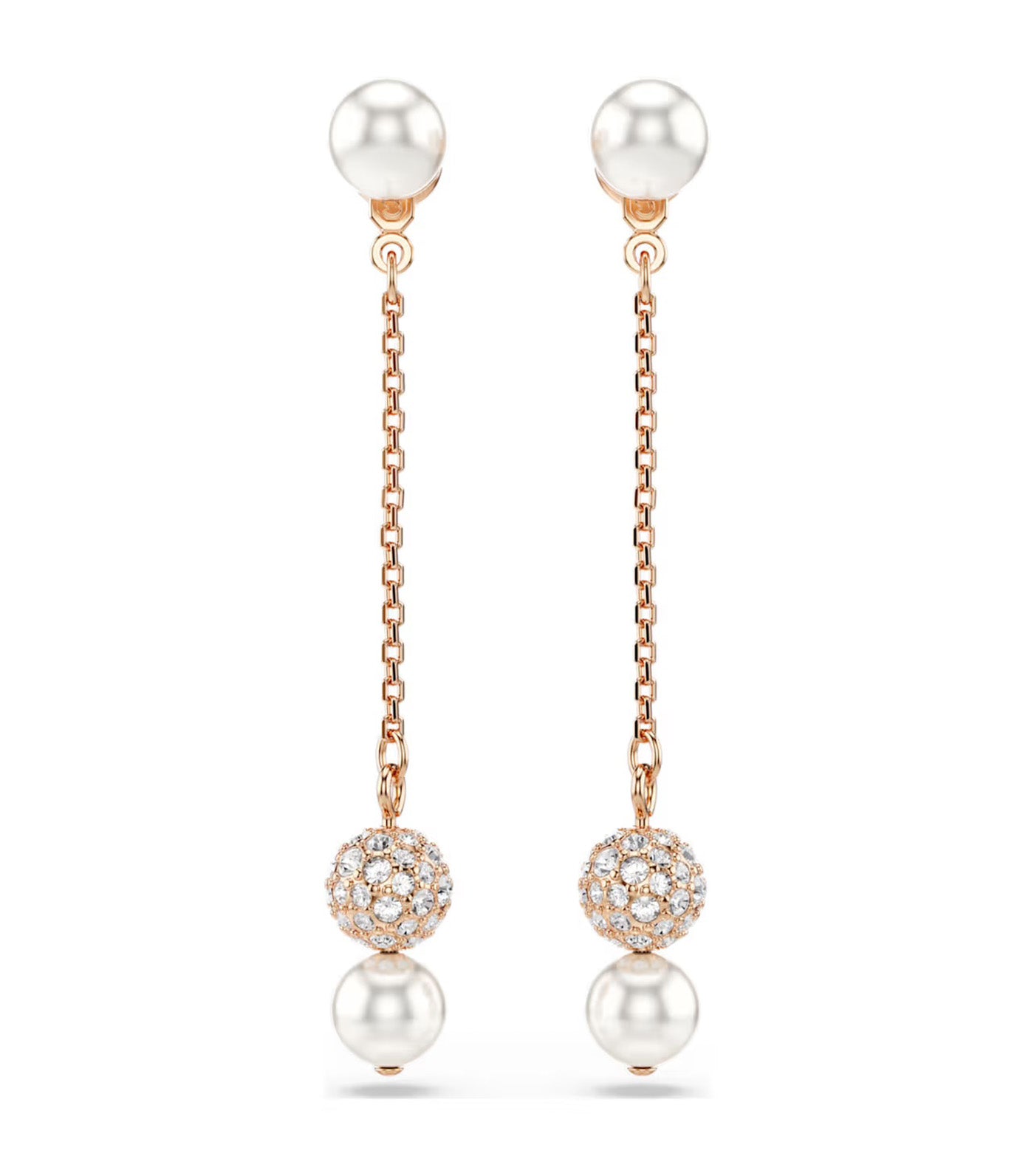 Matrix Drop Earrings Crystal Pearl, Round Cut, Rose Gold-Tone Plated, White