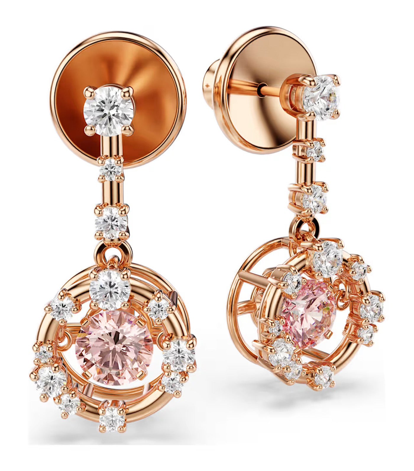 Constella Drop Earrings Round Cut, Dancing Stone, Rose Gold-Tone Plated, Pink