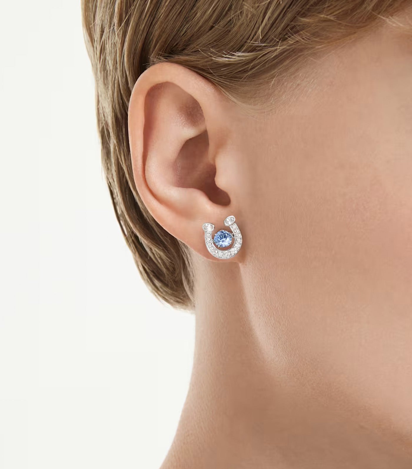 Symbolica Stud Earrings Round Cut, Pavé, Horse Shoe, Rhodium Plated, Blue