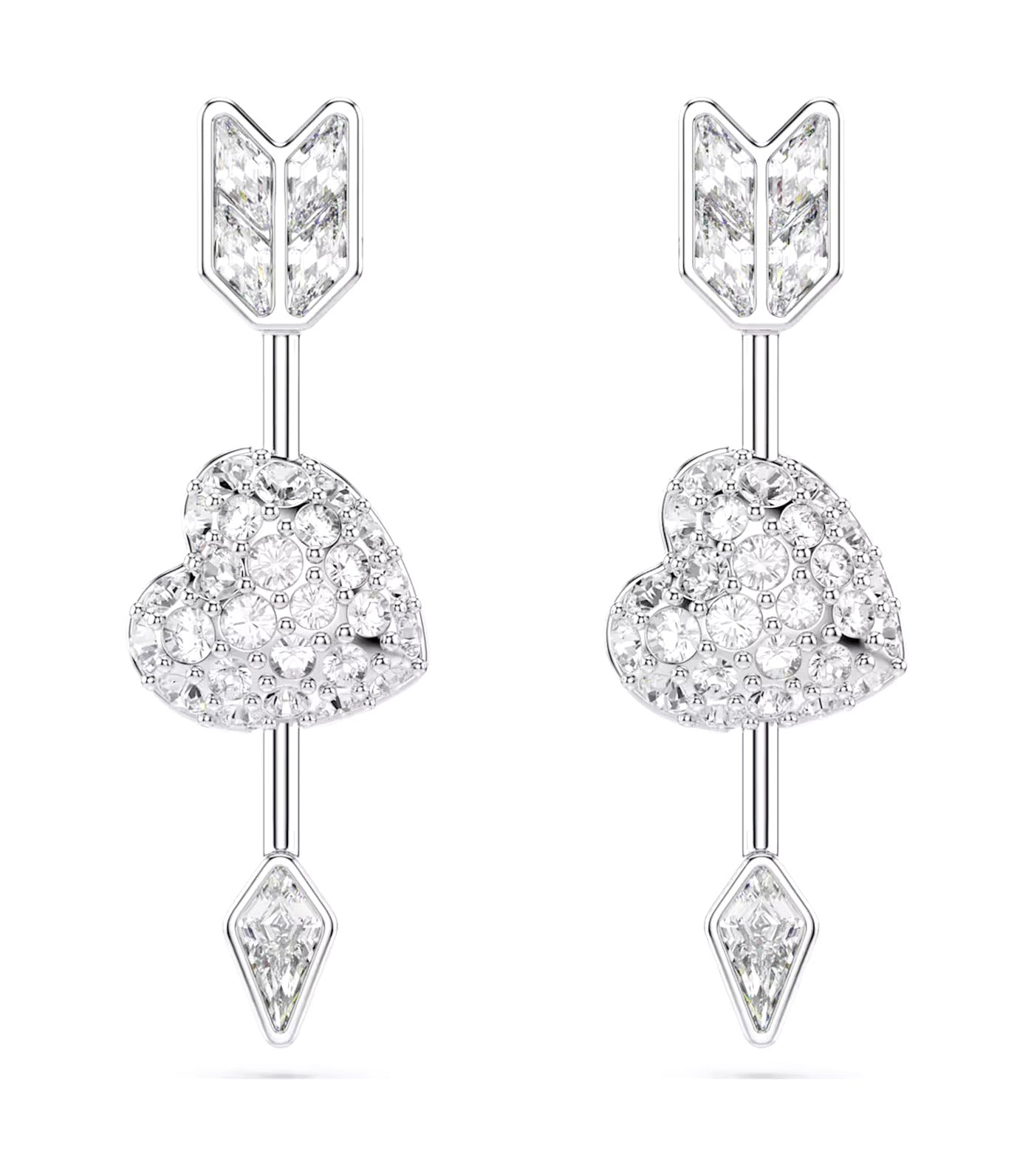Idyllia Drop Earrings Mixed Cuts, Heart with Arrow, Rhodium Plated, White