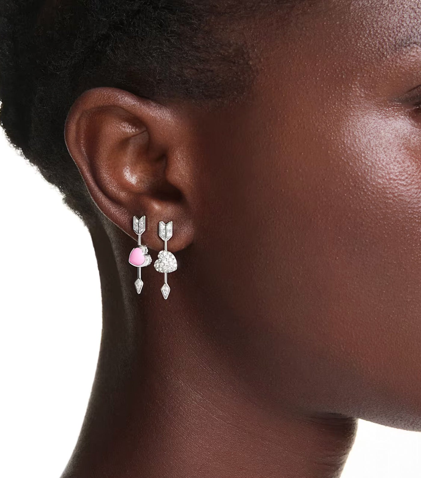 Idyllia Drop Earrings Mixed Cuts, Heart with Arrow, Rhodium Plated, White